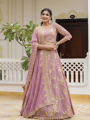 Image of TRENDMALLS Women's Georgette Embroidery Sequence Work Lehenga Choli with Dupatta For Women Semi-Stitch