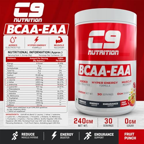 Image of C9 Nutrition BCAA + EAA Powder | 5000mg BCAA + 9000mg EAA | Essential Amino Acid Supplement for Muscle Recovery, Hydration & Endurance | Sugar Free | Fruit Punch Flavour | 30 Servings