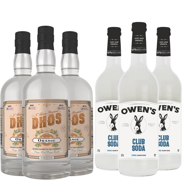 Dhōs Handcrafted Non-Alcoholic Orange 3 Pack w 3 Pack Owen’s Mixers Club Soda - Keto-Friendly, Zero Sugar, Zero Calories, Zero Proof - 750 ML - Perfect for Mocktails - Made in USA