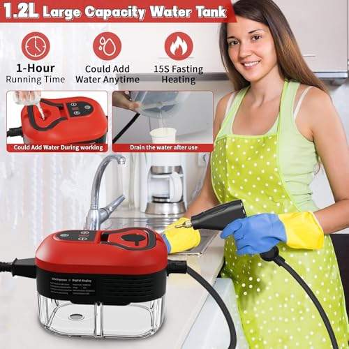 Image of Portable Steam Cleaner, 2500W Pressurized Handheld Steam Cleaner with 1.2L Water Tank, 6 Levels Steam Output, Cleaning Steamer for Cleaning Home Furniture, Bathroom, Car Detailing (Red)