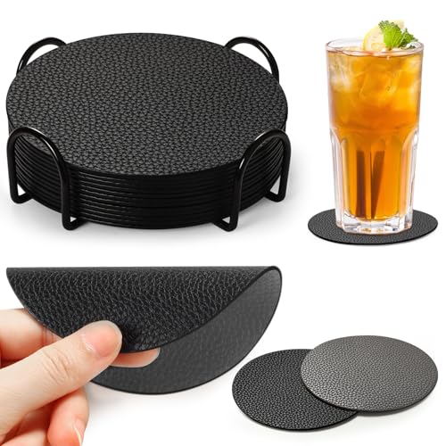 Gucass 12er Untersetzer aus Kunstleder, Doppelseitigen Glas Untersetzer Gläser, Glasuntersetzer Set mit Halter, Tischuntersetzer Lederoptik-untersetzer Grau und Schwarz
