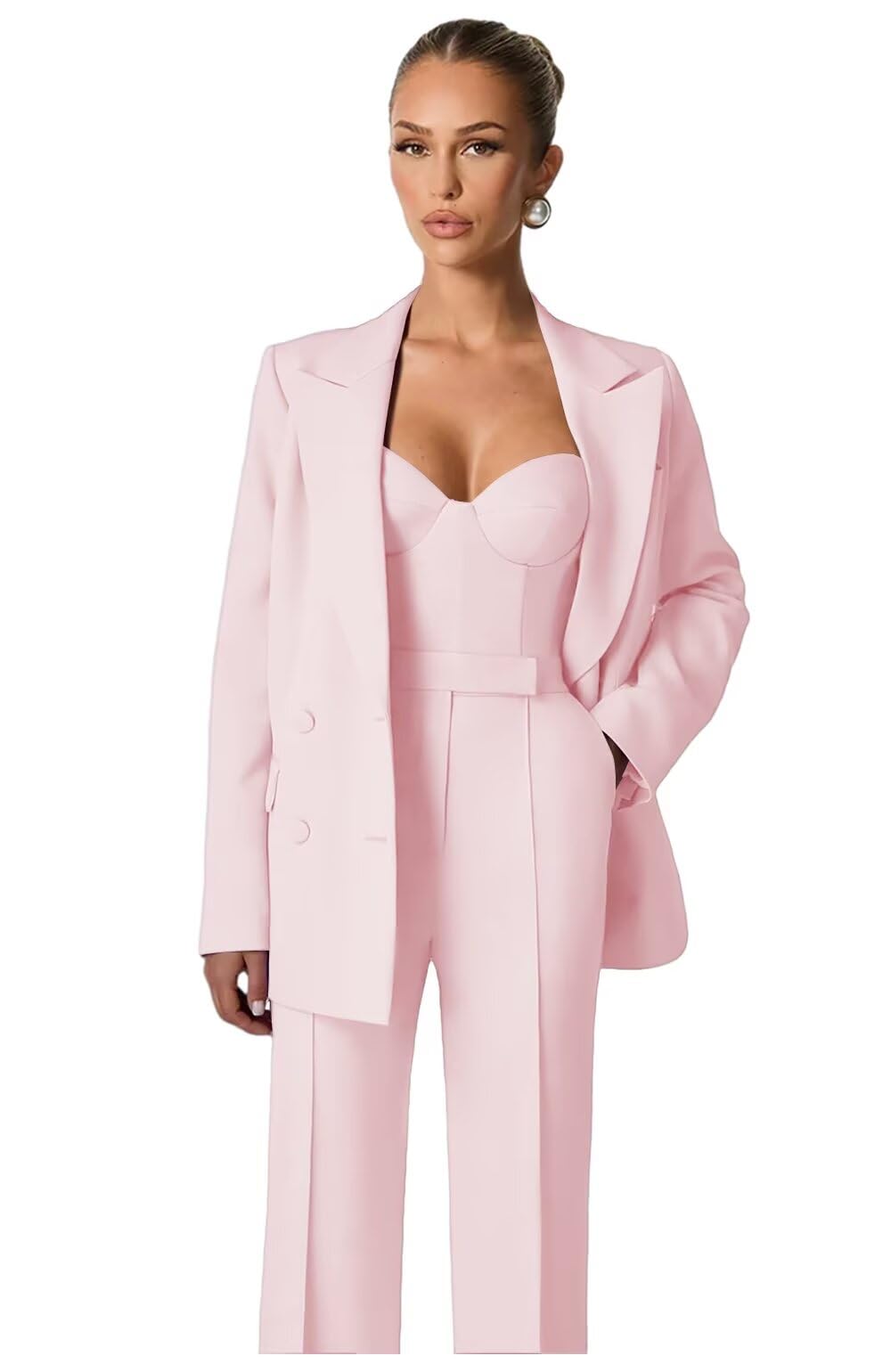 Blush Pink Pants Suits for Women Dressy 3 Piece Petite Peak Lapel Pants Suit Womens Suits Spaghetti Strap