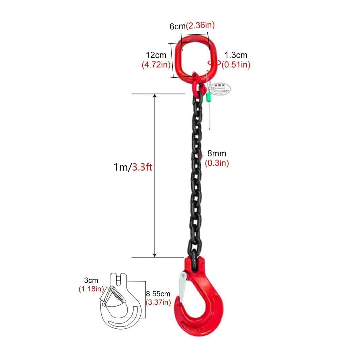 Chaînes de Levage avec Crochets, élingue de Levage Robuste à Un Seul Brin de 1 m, Crochet de préhension Industriel Robuste pour Le Levage de chaînes(1 Meter - 2 Tons)