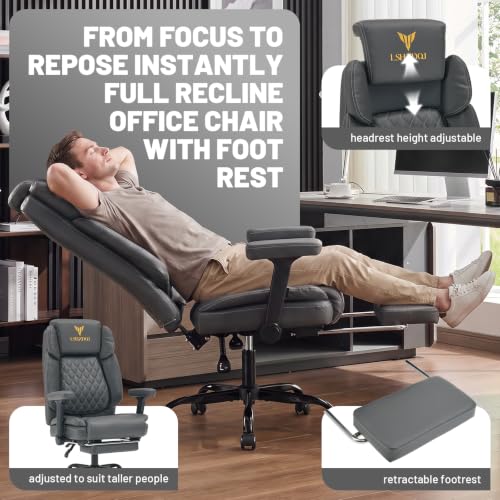 Image of Big Tall Office Chair with Footrest, PU Leather Executive Desk Chair Grey