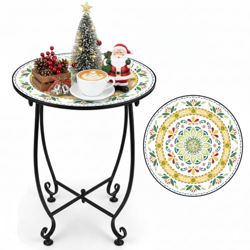 DARCKLE Outdoor Round Side Table, 14'' Unique Colorful Pastoral Style