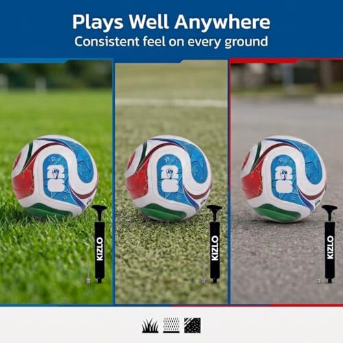 Image of Kizlo Size 5 Football - Hand-Stitched PU Leather Soccer Ball with Pump & Needle | High Grip, Durable & Air Retention | Training & Match Ball for Kids, Youth & Adults | World Cup Design Multicolor
