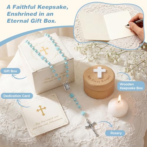 Image of NORBU Baptism Gifts for Girl, My First Rosary with Ceramic Keepsake Box, Rosary for Kids, First Communion & Baby Dedication Gifts for Newborn Baby Boys Catholic Christening Gift