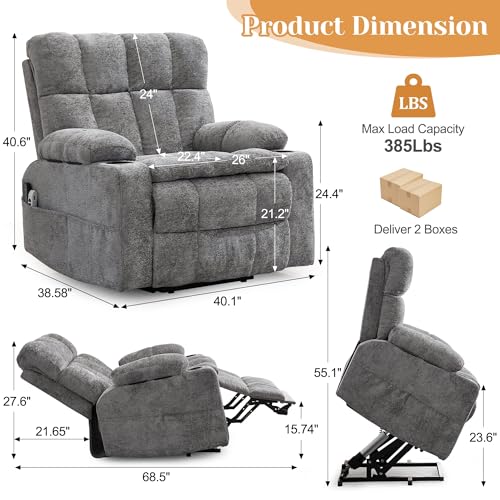 Image of Korser Oversized Dual Motor Power Lift Recliner for Elderly with Massage and Heat, Extra Wide Electric Recliner with Adjustable Headrest, Lift Chair with Storebox Cupholder, USB Ports, Type C, Grey