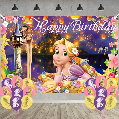 Princess Rapunzel Birthday Party Decoration,Princess Photo Background 5 x 3 FT, 18 Pcs Balloons,Rapunzel Merch Party Backdrop Supplies