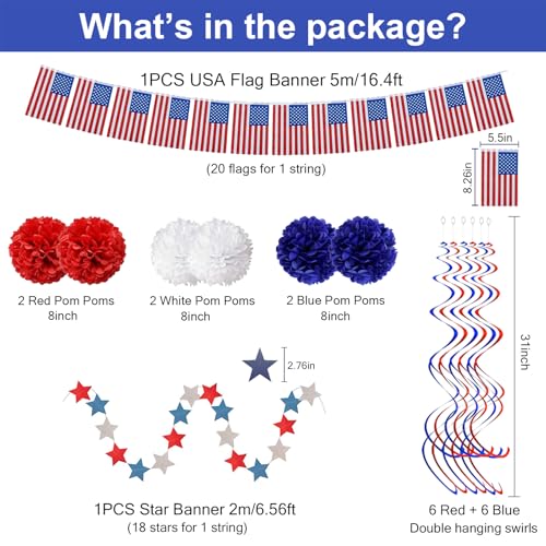 Image of 26PCS 4th of July Decorations Patriotic Decor USA Flag String Red White and Blue Paper Fans Star Streamer Pom Poms Hanging Swirls for Memorial Day Veterans Day Independence Day