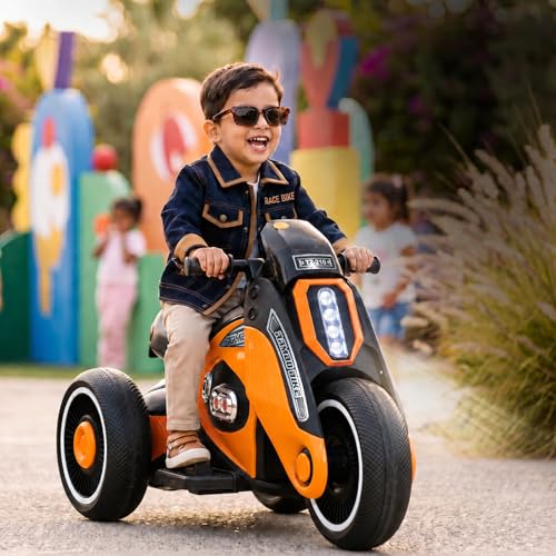 Image of Toyzone Rambo Electric Bike (Orange) |12V Rechargeable Bike for Kids with 4.5Ah Battery | LED Lights, Music, MP3| Smooth Acceleration | 6M Battery Warranty | for Big Kids Age 4-12 Years, Up to 35kg