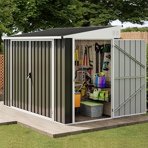 Image of DWVO 7' x 4' Outdoor Storage Shed, Large Metal Tool Sheds, Heavy Duty Storage House with 3 Lockable Doors & Air Vent for Backyard Patio Lawn to Store Bikes, Tools, Lawnmowers, Dark Gray