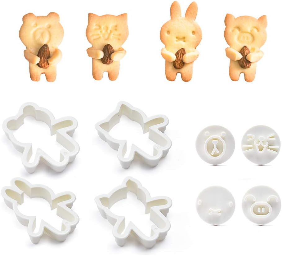 Cute Animal Cookie Cutters, Bear, Cat, Bunny, Piglet Cookie Cutter and Face Stamps, 8-Piece Set