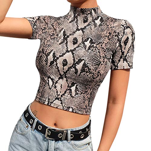 LANSKIRT_Blusa Camisetas de Mujer Mujer Elegantes Camisa de Cuello Alto para Mujer Camisetas de Manga Corta con Estampado de Leopardo Tops Mujer Fiesta Sexy