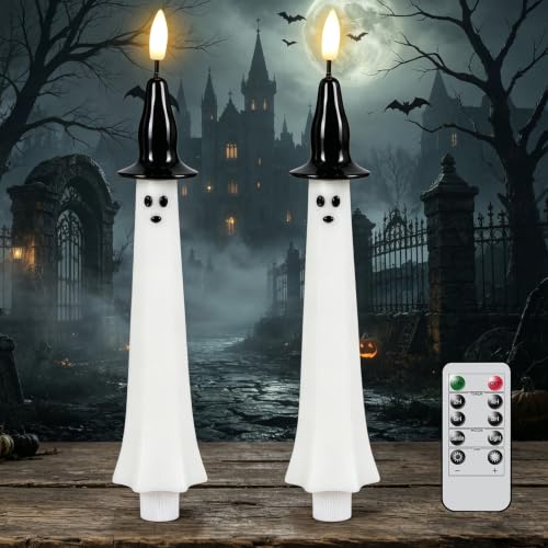 Image of Halloween Witch Flameless Taper Candles Battery Operated with Remote Timer, 400 Hours Long Lasting Real Wax 3D Wick Flickering LED Candlesticks Halloween Decor(2 Pack, 0.75 inch D x 10 inch H)