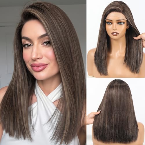 starluck Human Hair Wig for Women HD Lace Front Wigs Real Human Hair Wigs Natural Black With Blonde Highlights (1B/2/6/16#) Layered Wig 16 Inch Realistic and Resistant for Daily Party Use