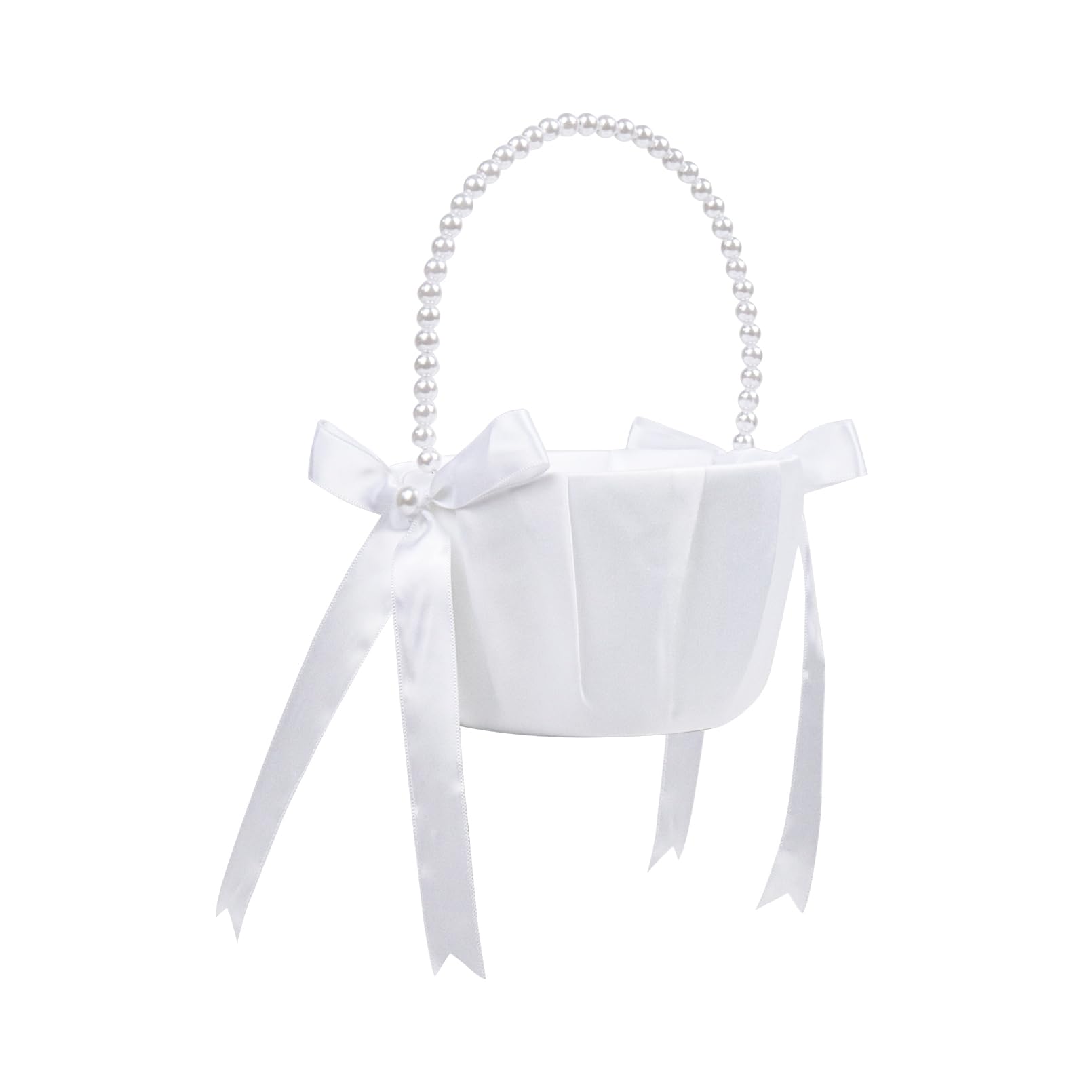 White Flower Girl Basket With Bow Ribbon and Handle for Wedding