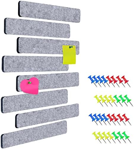 cropuwn Gray Felt Board Bar 8Pcs Self-Adhesive Pin Board Strip with 35 Pushpins Lightweight Memo Board Tile Bar for Photos Schedules Display Decor