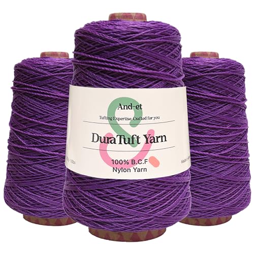 Image of And-et DuraTuft Yarn 45 Vibrant Colors Tufting Nylon Yarn Pack - Ideal for Crochet, Craft Projects -100% B.C.F. - 3 Cones x 1.66lbs (640yards) -Perfect for Rug Weaving and Knitting (26 Deep Purple)