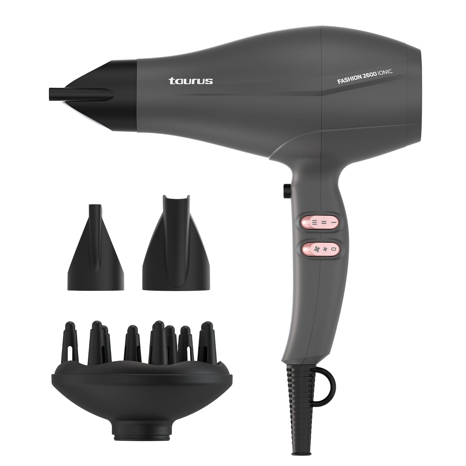 Taurus – Haartrockner Fashion 2600 Ionic, 2600W, 6 Geschwindigkeits-/Temperaturstufen, AC-Motor, Ionic Care, Kaltlufttaste, Zubehör: Präzisionsdüse, Breitdüse, Diffusor, Schwarz