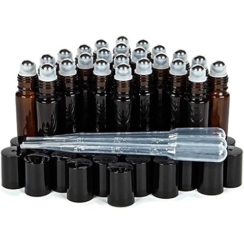 Vivaplex, 24, Amber, 10 ml Glass Roll-on Bottles with Stainless Steel Roller Balls. 3-3 ml Droppers included Cover