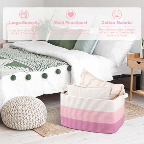 Image of OIAHOMY Large Blanket Basket, 65L Cotton Rope Woven Laundry Basket, Toy Bin for Baby Room, Container for Blanket Storage in Living Room, 20''x16''x12'', Gradient Pink