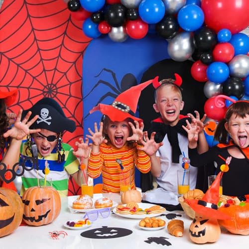 Image of 137 Pcs Spider Web Theme Party Decoration Kit for Birthday Party | 4ft, 5ft, 6ft, Red Black Blue Spider Web Arch Cover, Backdrop Decoration, Balloons, Halloween, Baby Shower, Photography