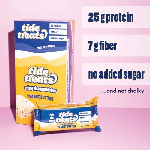Image of Tidetreats Crispy Rice Peanut Butter Protein Bars - High Protein Snack with 25g Protein, Low Sugar, 7g Fiber, Gluten Free, Clean Ingredients - Healthy Energy Bars - 8 Count | 25g Protein, Low Sugar, 7g Fiber, Gluten Free, Clean Ingredients