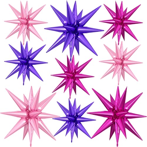 Image of 9Pcs Purple Pink Star Balloons, Large Explosion Foil Balloons, Metallic Mylar Spike Balloon for Birthday Anniversary Wedding Disco Party Supplies, 3 Pcs 27Inch & 6 Pcs 22Inch