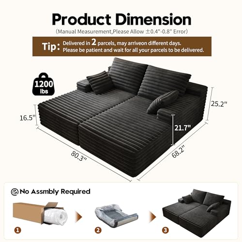 80” Oversized Double Lounge Chaise,Cloud Plush Sofa Bed,Upholstered Boneless Cloud Sofa Deep Seat,No Assembly Required,Modern Corduroy Sleeper Loveseat Chair for Living Room Bedroom Reading,Black