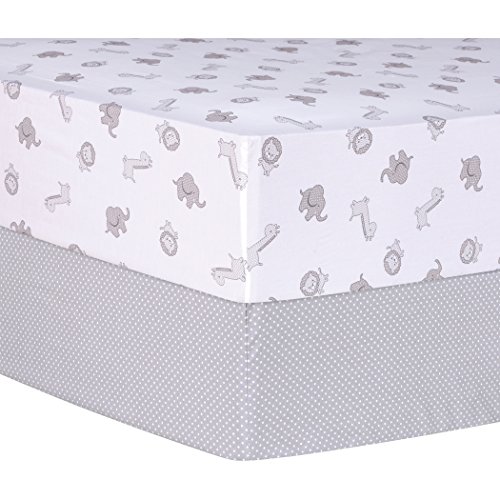 Image of Gray Safari and Dot 2 Pack Fitted Crib Sheets - Safari Animals Scatter Print, Dots Print, Gray and White, Fully Elasticized, 8 in Deep Pockets, Fits Standard Crib Mattress 28 in x 52 in