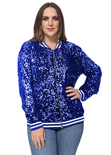 Anna-Kaci Women's Plus Size Sparkly Jacket Long Sleeve Zip Up Sequin Bomber Jacket Coat, Royal Blue,4X-Large