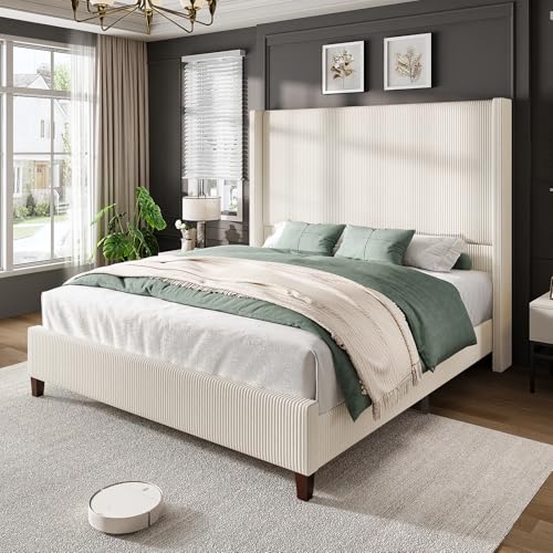 AMERLIFE King Size 62 Corduroy Upholstered Bed Frame with Tall Wingback Headboard - No Box Spring Required - Cream