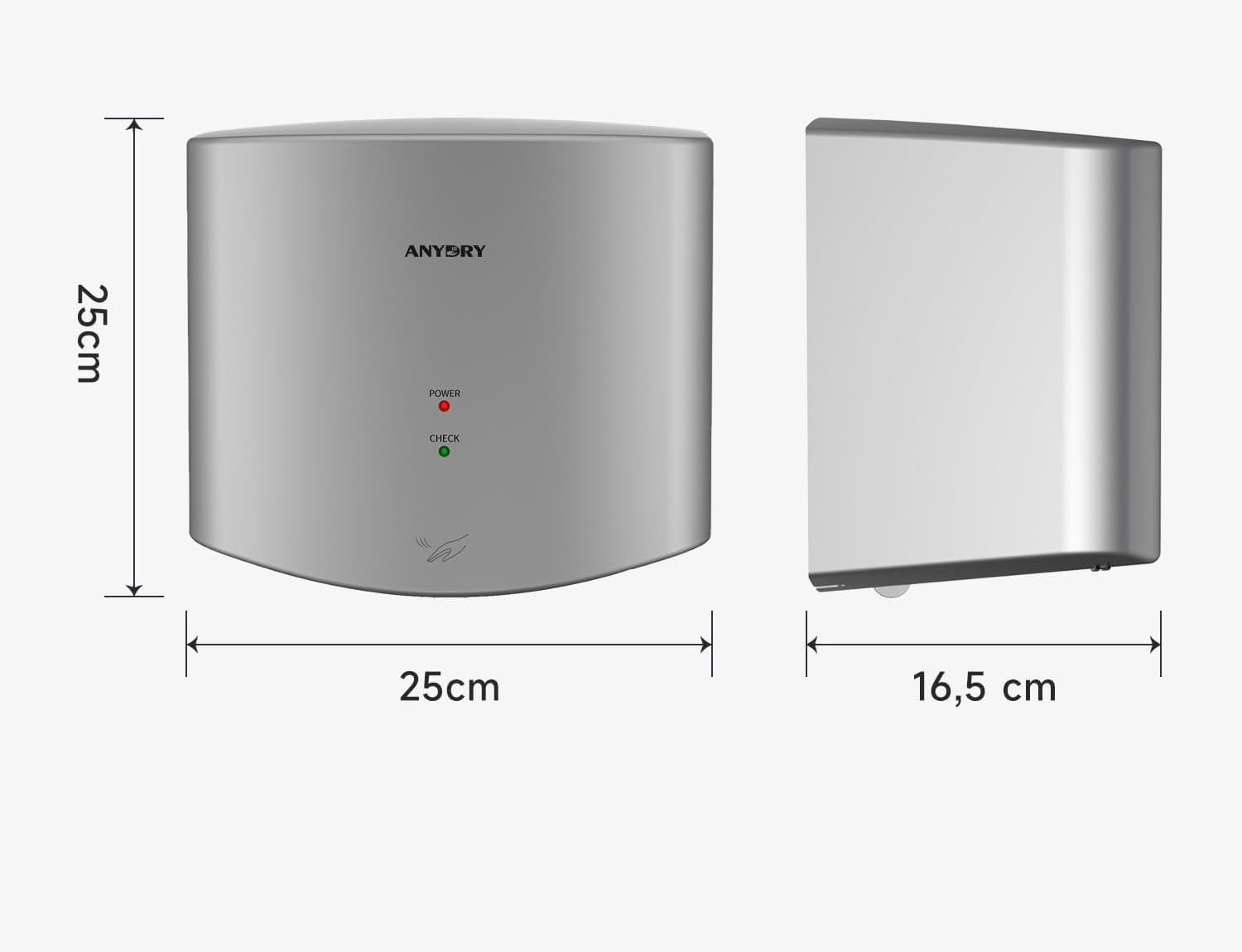 anydry 2630S sèche-Mains Compact, sèche-Mains électrique, Commercial ou Domestique, sèche-Mains Automatique à Grande Vitesse, sèche-Mains pour Toilettes.Logement ABS.1400-1650W.(Argenté)