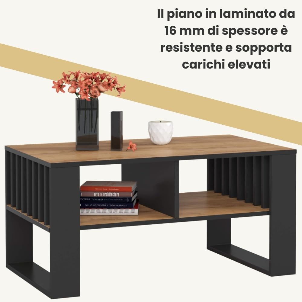 AKORD | Tavolino da Salotto in Legno - ROCKFORD | Tavolo da Caffè con gambe un Ripiano | Coffee Table | Tavolini Basso Moderno | Arredamento Casa | 92 x 45 x 53 cm | Rovere Artigianale & Nero