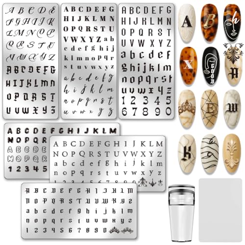 PH PandaHall 6pcs Letter Nail Stamping Plates Alphabets Patterns Nail Art Design Number Nails Art Stencil Personalized Typeface Manicure Image Plate for Women DIY Print Manicures Salon Supplies