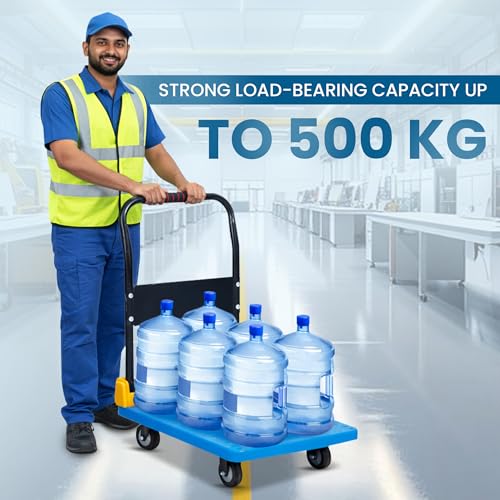 Image of Robustt 500 Kg Heavy-Duty Foldable Platform Trolley (Blue) | Plastic Hand Truck with 360 Rotating Wheels & Cushioned Grip | Material Handling Cart for Home, Office, Warehouse & Industrial Use