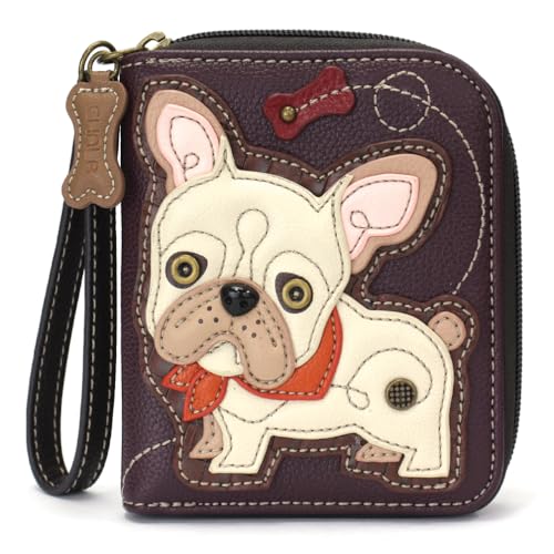 Image of CHALA Zip Around Wallet, Wristlet, 8 Credit Card Slots, Sturdy Pu Leather - French Bulldog - Plum
