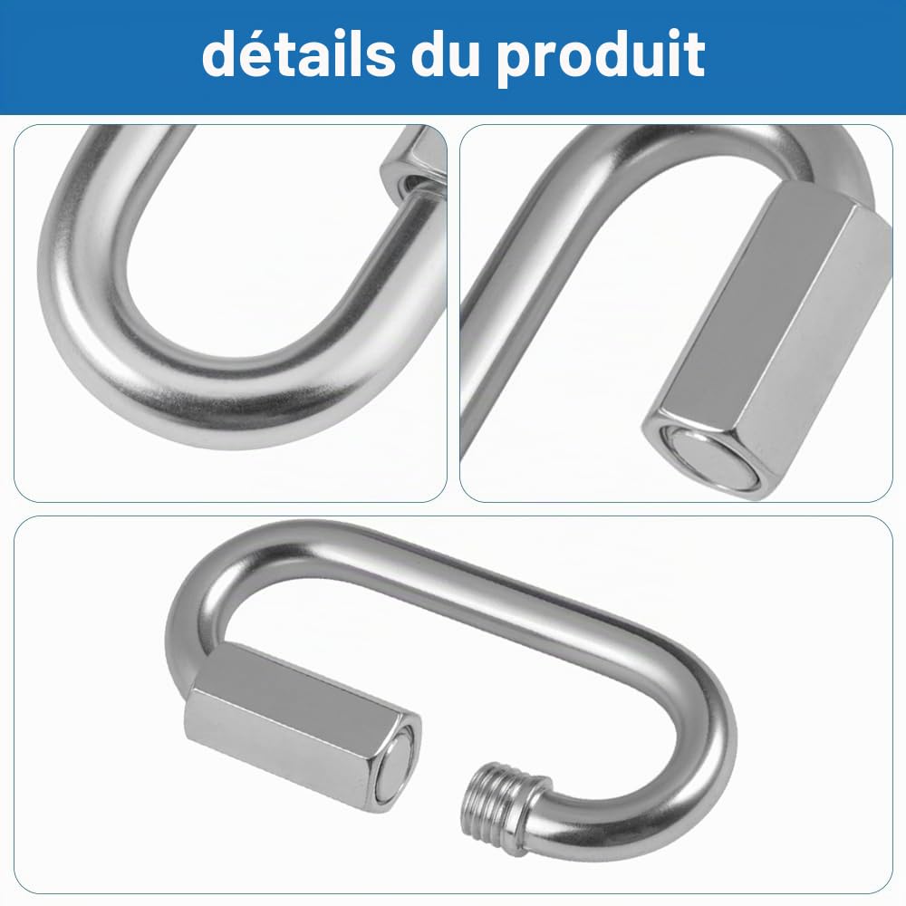 8 Pièces Maillon Rapide Mousqueton à Vis Manille INOX φ6 mm | Capacité de Charge 2000 Kg, Mousquetons en Acier Inoxydable Rapide Fixation pour Extérieur, Camping Tentes, Randonnée