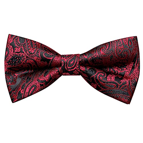 Image of Hi-Tie Pre-Tied Bowties for Men Silk Bow Ties and Pocket Square Cufflinks Set Mens Wedding Party Formal,Black Red Paisley
