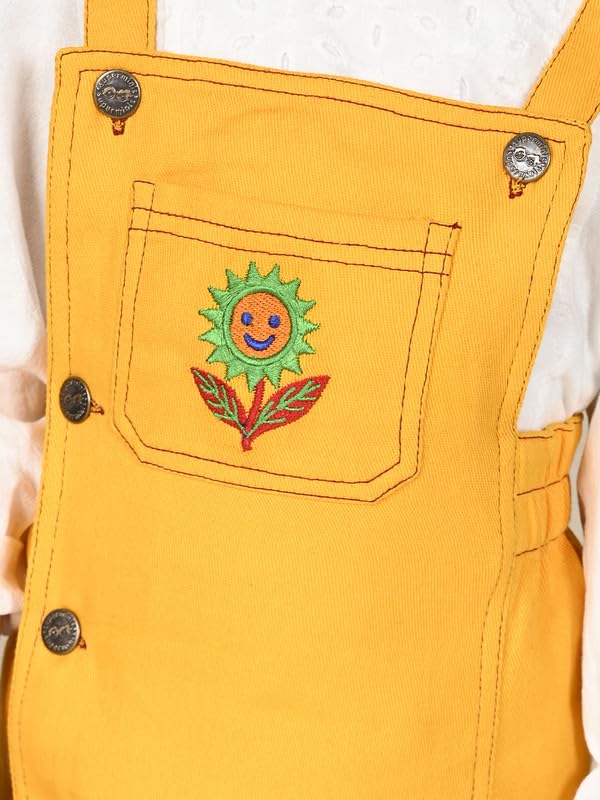 Image of superminis Girls Twill Denim Solid Color Dungree /Dress With Embroidered Pocket (1 Dress,1 Tee)