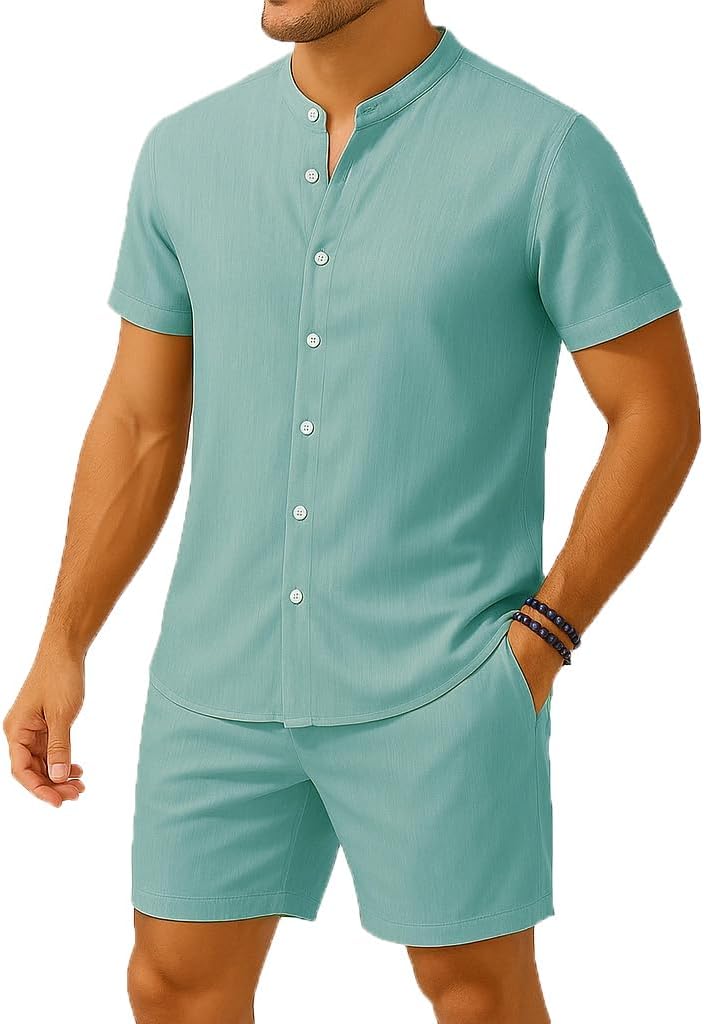 Casual Stand Collar Button Shirt and Shorts Set Hawaiian Beach Vacation Party Outfit Texture Linen Sets for Men
