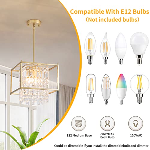 Ejerlya Gold Crystal Chandelier Industrial Pendant Light 11.81 Inch Square 4 Lights Modern Vintage Semi Flush Mount Ceiling Light Fixture For Kitchen Island Dining Room Living Room Bedroom #TOP3
