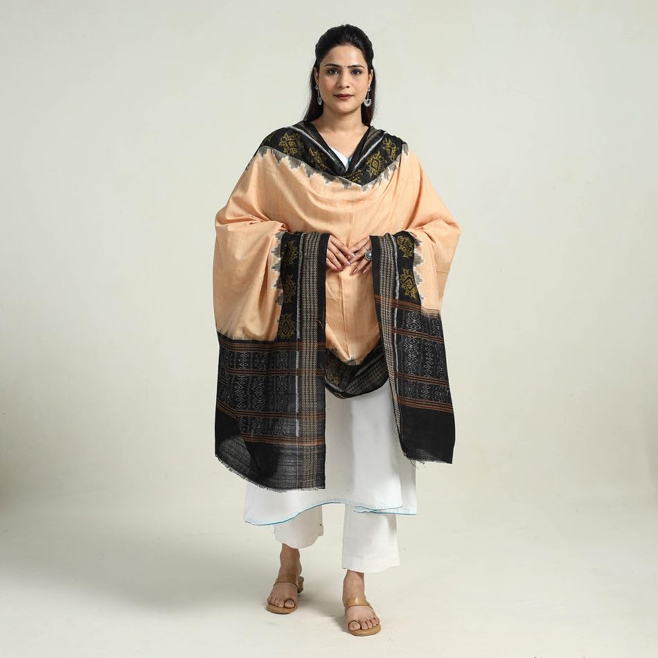 Image of Cotton Dupatta with weaving and Ikat woven border from the Weavers Stole for Girls & Women