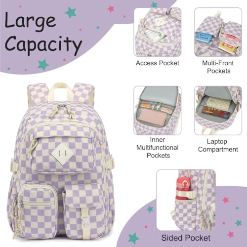 Corduroy 3-Piece Backpack Set for Girls Boys School Bookbag, Kids Backpacks with Lunch Box and Pencil Case (Ages 8-18)-Purple Checkered2