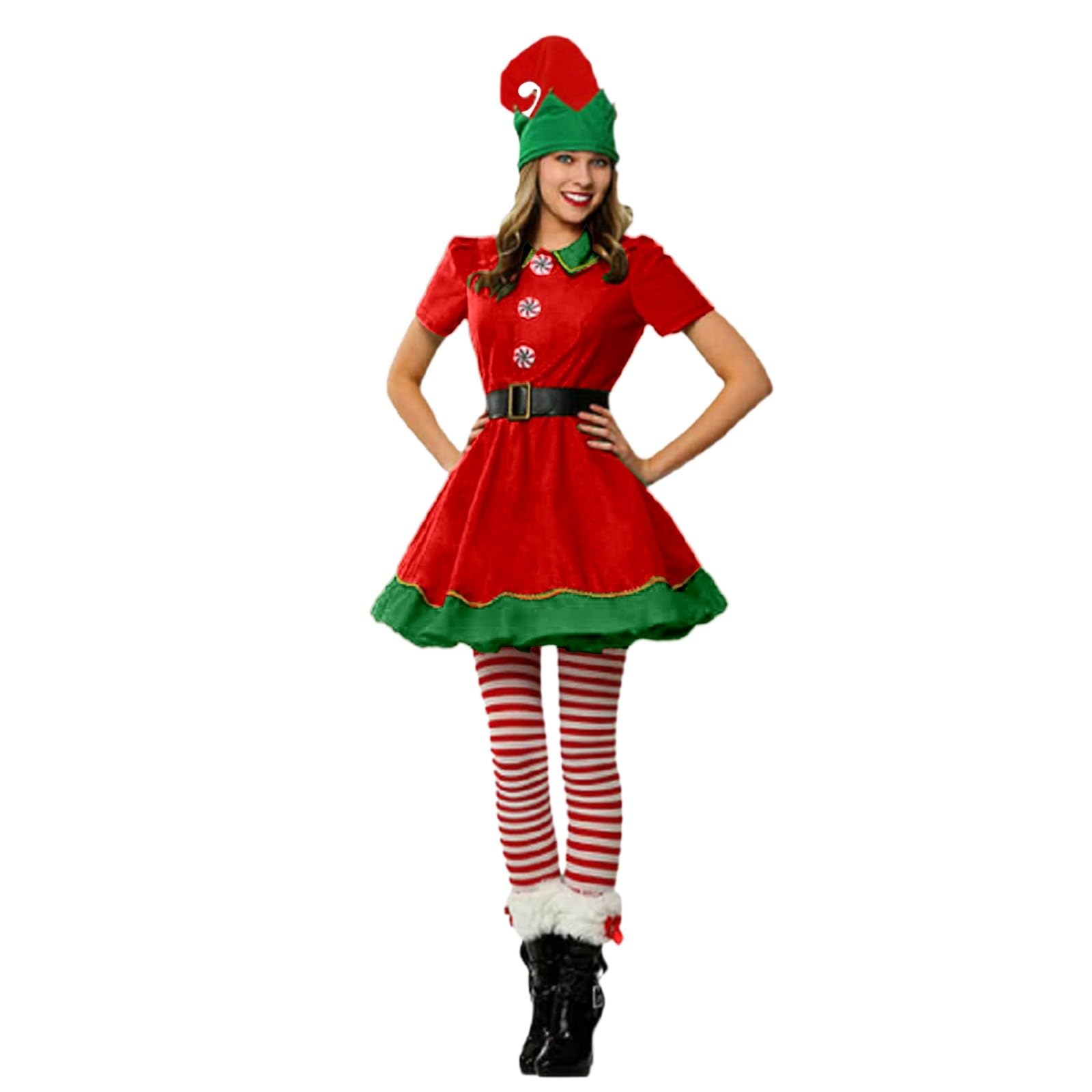 Christmas Elf Costume Women Men Christmas Costume Fancy Dress Short Sleeve Dress Pants Over The Kneel with Hat Belt and Socks