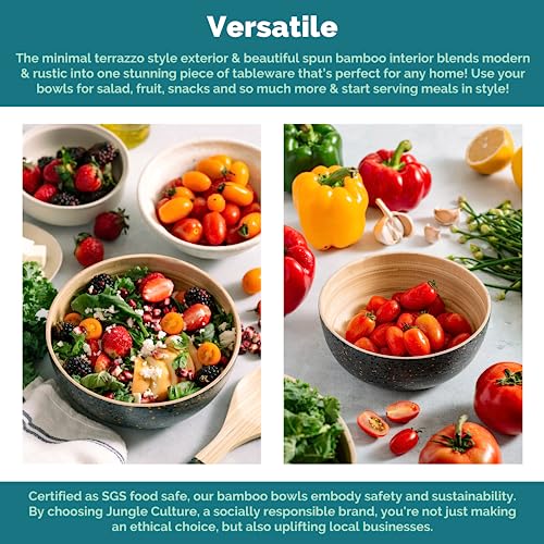 Jungle Culture® Medium Bamboo Salad Bowl • Handmade Wooden Bowls • Big Fruit Bowl with Black Terrazzo Pattern • Wood Bread Basket • Eco Friendly Decorative Serving Bowl for Pasta, Snacks & Crisps - Cosy Home Interiors Jungle Culture® Medium Bamboo Salad Bowl • Handmade Wooden Bowls • Big Fruit Bowl with Black Terrazzo Pattern • Wood Bread Basket • Eco Friendly Decorative Serving Bowl for Pasta, Snacks & Crisps - Image 4