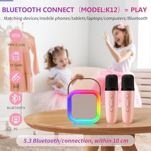 Image of Kids Karaoke Speaker with Wireless Microphone | Portable Bluetooth Singing Machine with LED Lights | Mini Rechargeable Karaoke System for Boys & Girls (2 Mic, Blue)