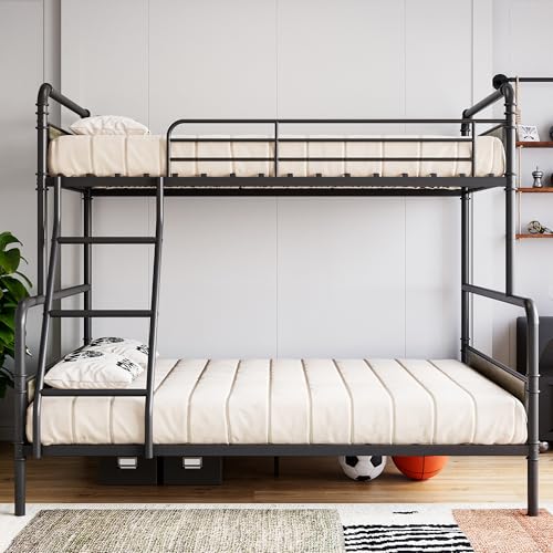 Garvee Bunk Beds Twin Over Full Size, Heavy Duty Bunk Beds with Ladder and Guardrail,Metal Bunk Bed for Kids,Teens,Noise-Free,Black & Grey