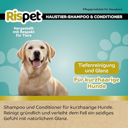 RISPET Shampoo und Spülung, Avocado und Seide, Wasch- und Desinfektionsmittel für Hunde und kurzhaarige Tiere, Zarte Formel ohne Allergene und ausgeglichener pH-Wert, Talkum-Duft, 370 ml